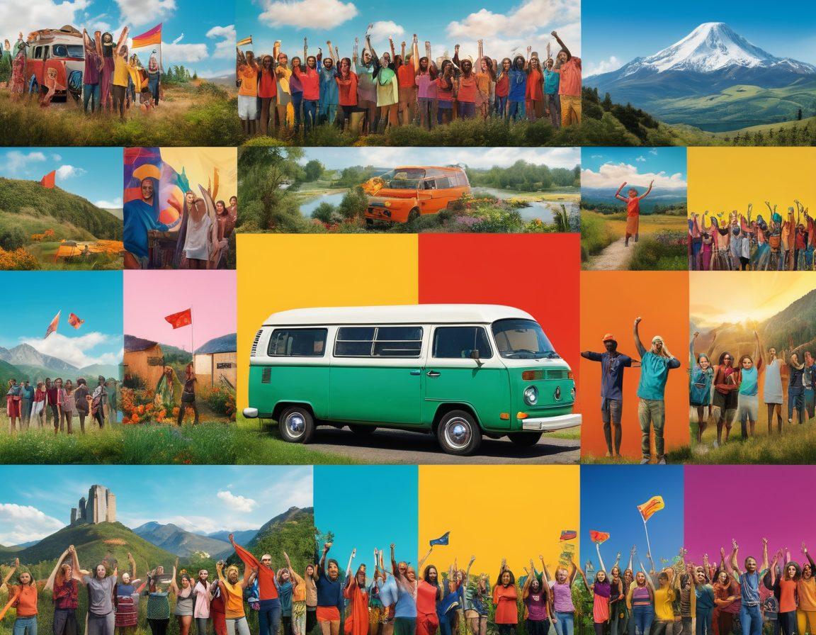A collage of diverse individuals representing alternative lifestyles such as van life, communal living, and sustainable farming, set against a backdrop of nature and urban environments. Include symbols of empowerment like raised fists and colorful banners. The scene should feel vibrant and dynamic, with an emphasis on community, freedom, and self-expression. super-realistic. vibrant colors. 3D.