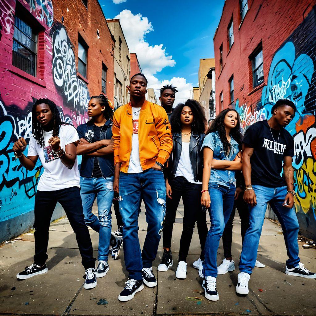 A vivid representation of a diverse group of individuals expressing rebellion through art and music in an urban landscape, with splashes of colorful graffiti on the walls. Dynamic poses convey the energy of independent thought, juxtaposed with chaotic elements like swirling clouds and breaking chains. The atmosphere is electric and filled with a sense of empowerment and freedom. super-realistic. vibrant colors. urban art style.