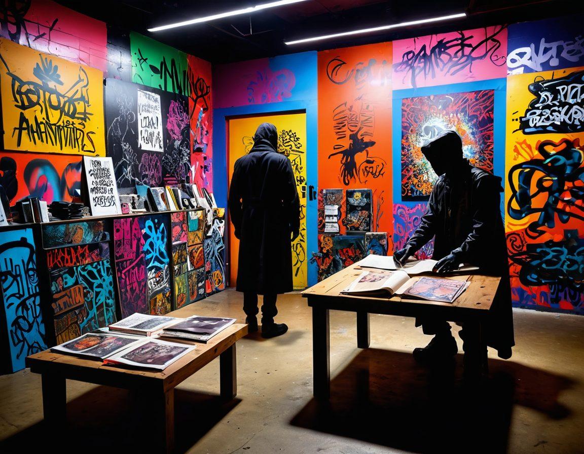 A shadowy figure standing at the edge of a vibrant underground art gallery filled with striking graffiti and eclectic sculptures, embodying nonconformity. The atmosphere should convey a sense of rebellion and creativity, with splashes of bold colors and quirky designs in the background. In the foreground, a collage of radical ideas, symbolized by books and pamphlets, scattered on a table. The figure is illuminated by neon lights, creating an aura of mystique. graffiti art, cyberpunk, vibrant colors.
